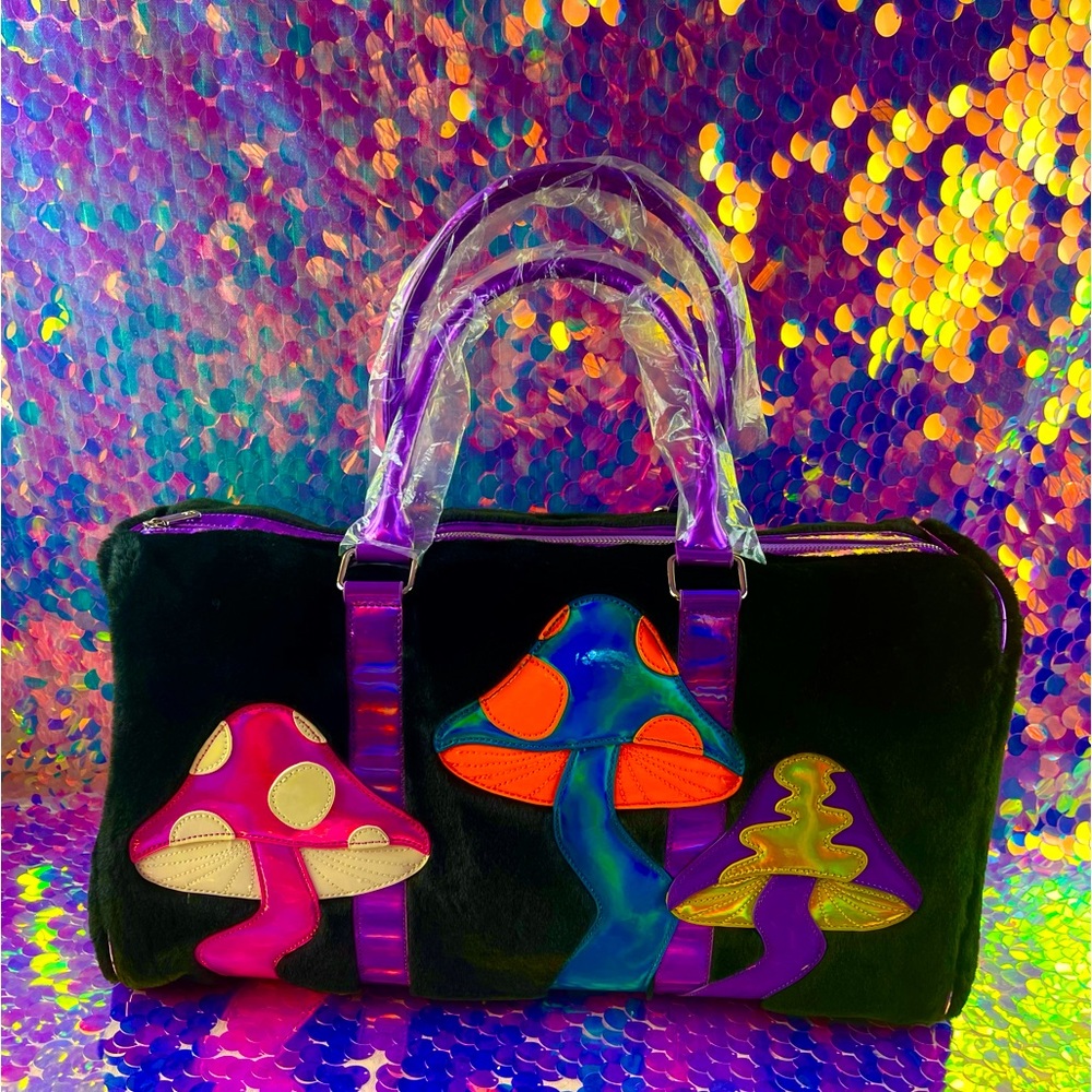 Wonderland Fuzzy Faux Fur Mushroom Weekender Bag